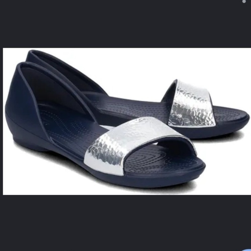 Crocs Womens Navy Blue Lina Silver Embellished Dorsay Flat Sandals - Size 7